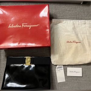 Vintage full set Salvatore Ferragamo classic black patent calf leather clutch